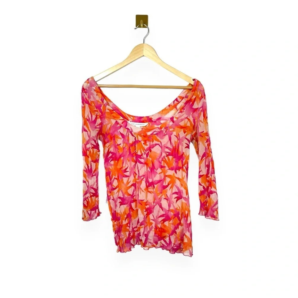 DVF Silk Floral Sheer Scoop Neck Top Pink Orange Designer Blouse 6